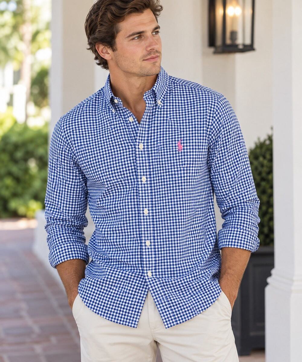 Polo Ralph Lauren Mens L Classic Fit Gingham Shirt Blue White Pink Pony NWT